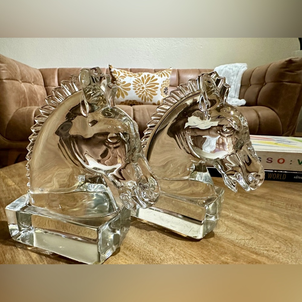Large Glass Horse Heads Mint  Vintage Bookends by A.H. Heisey & Co.